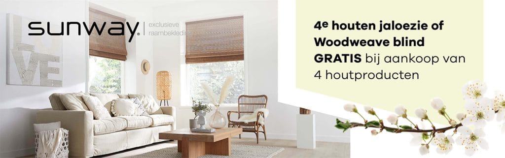 Tot en met 5 mei hebben we bij Wagenmans wonen een actie op de SUNWAY® jaloezieën en woodweave blinds. Je ontvangt het 4e product gratis bij aanschaf van 4 producten.